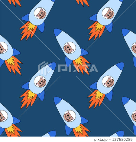 Seamless Pattern with Funny Cat in Rocket. Flat vector Illustration. 127680289