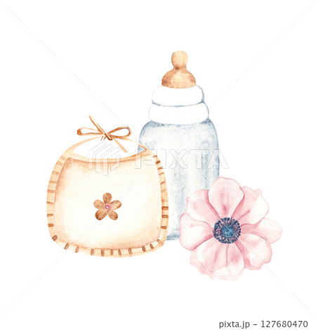 Newborn Girl Composition. Baby Bib with a flower, Bottle for milk and Anemone. Watercolor hand drawn illustration of cute Infant accessories in eco style. For invitations, Gender party, Baby shower Newborn Girl Composition. Baby Bib with a flower, Bottle for milk and Anemone. Watercolor hand drawn illustration of cute Infant accessories in eco style. For invitations, Gender party, Baby shower 127680470