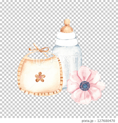 Newborn Girl Composition. Baby Bib with a flower, Bottle for milk and Anemone. Watercolor hand drawn illustration of cute Infant accessories in eco style. For invitations, Gender party, Baby shower Newborn Girl Composition. Baby Bib with a flower, Bottle for milk and Anemone. Watercolor hand drawn illustration of cute Infant accessories in eco style. For invitations, Gender party, Baby shower 127680470