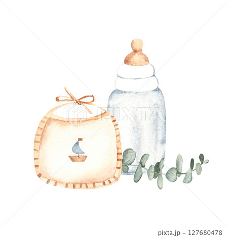 Newborn Boy Composition. Baby Bib with a boat, Bottle for milk and eucalyptus branch. Watercolor hand drawn illustration of cute Infant accessories in eco style. For invitations, Gender party, Baby Newborn Boy Composition. Baby Bib with a boat, Bottle for milk and eucalyptus branch. Watercolor hand drawn illustration of cute Infant accessories in eco style. For invitations, Gender party, Baby 127680478