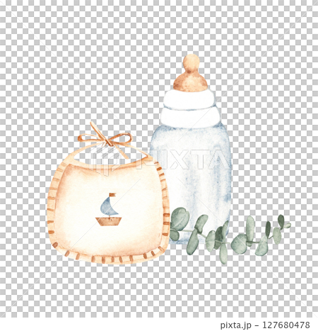 Newborn Boy Composition. Baby Bib with a boat, Bottle for milk and eucalyptus branch. Watercolor hand drawn illustration of cute Infant accessories in eco style. For invitations, Gender party, Baby Newborn Boy Composition. Baby Bib with a boat, Bottle for milk and eucalyptus branch. Watercolor hand drawn illustration of cute Infant accessories in eco style. For invitations, Gender party, Baby 127680478