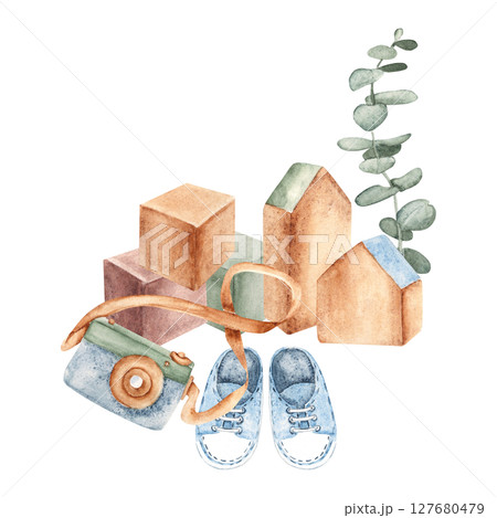 Eco Baby composition. Wooden toys, cubes and camera, baby sneakers and eucalyptus branches. Watercolor hand drawn kid illustration isolated on a white background. For baby shower or welcome baby party Eco Baby composition. Wooden toys, cubes and camera, baby sneakers and eucalyptus branches. Watercolor hand drawn kid illustration isolated on a white background. For baby shower or welcome baby party 127680479