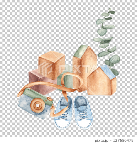 Eco Baby composition. Wooden toys, cubes and camera, baby sneakers and eucalyptus branches. Watercolor hand drawn kid illustration isolated on a white background. For baby shower or welcome baby party Eco Baby composition. Wooden toys, cubes and camera, baby sneakers and eucalyptus branches. Watercolor hand drawn kid illustration isolated on a white background. For baby shower or welcome baby party 127680479