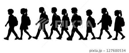Kid student silhouette, boy and girl with school backpack, kid holding notebook and books for study Kid student silhouette, boy and girl with school backpack, kid holding notebook and books for study 127680534