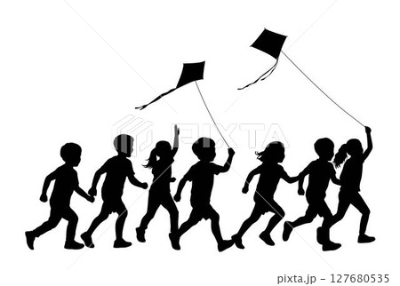 Children flying kites silhouette, playful childhood lifestyles, Little running boy and girl with flying kite 127680535