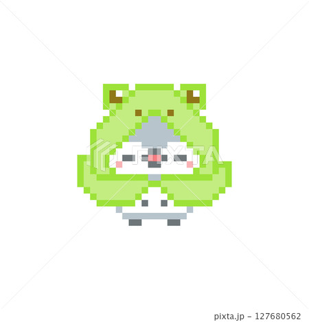蛙のレインコートと笑顔の灰色フクロウのドット絵 127680562