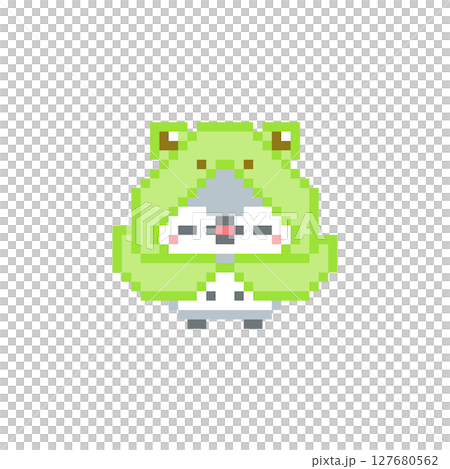 青蛙雨衣和微笑的灰色貓頭鷹的像素藝術 127680562