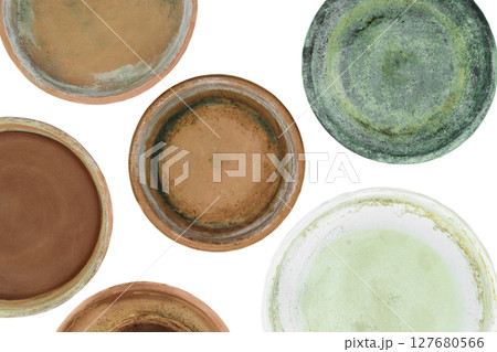 Background surface of various colors and dirty clay plates for plants and isolated on white background Background surface of various colors and dirty clay plates for plants and isolated on white background 127680566