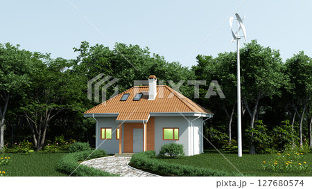 Wind generator near the house, 3D illustration 127680574