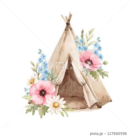 Watercolor boho floral tipi tent with wildflowers. Perfect for baby shower, nursery prints, wedding decor, invitations, or woodland party themes. Hand-painted rustic design. 127680598
