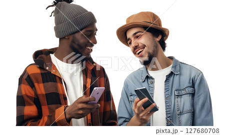 two stylish young men sharing a laugh while looking at a phone 127680708