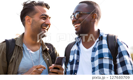 two young men laughing together while looking at a smartphone 127680709