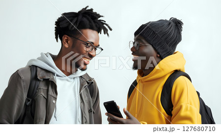 two young men laughing together while holding a smartphone 127680710
