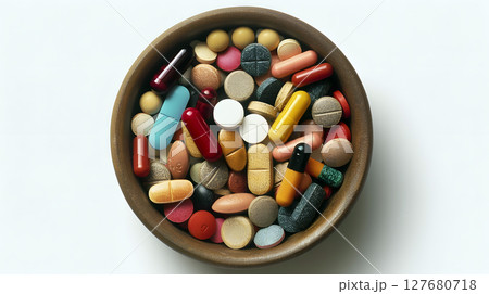 wooden bowl filled with various colorful pills and capsules 127680718