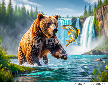 Brown bear or Ursus arctos is catching the fish at the brook falls. Brown bear or Ursus arctos is catching the fish at the brook falls. 127680743