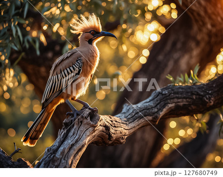 Single pied bird, Eurasian hoopoe bird or Upupa epops standing on a branch. 127680749
