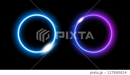 Neon circles glowing in energetic blues and purples with futuristic lighting and tech-inspired design 127680814