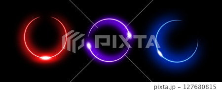 Neon circles with colorful glow displaying futuristic lighting effects and soft gradients 127680815