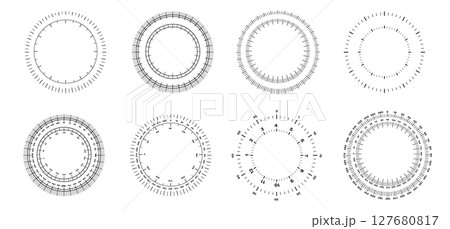 Circular measuring scale graphics with detailed radial tick marks and numeric indicators 127680817