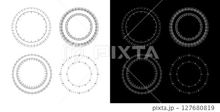 Circular measuring scales with radial tick marks and concentric numeric indicators 127680819
