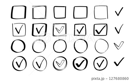 Checkbox icons in hand drawn and minimal styles with various states and shapes 127680860