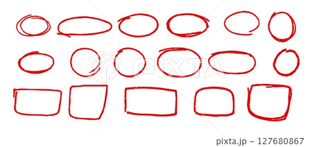 Creative set of hand drawn red circles and squares for annotation and highlighting 127680867