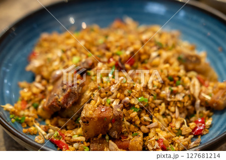 Stir Fried Crispy Pork Belly with Salt and Chili, served on plate 127681214