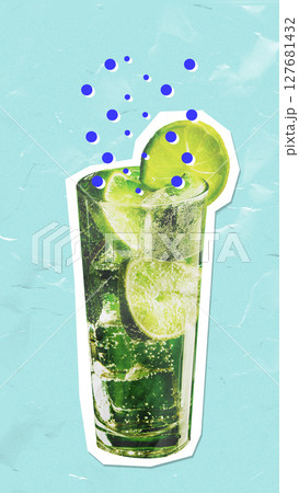 Cocktail collage with limes and bubbles on textured blue background for bar promotions 127681432
