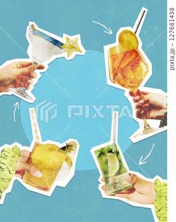 Colorful paper cut cocktails on blue background for creative event promotions Colorful paper cut cocktails on blue background for creative event promotions 127681438