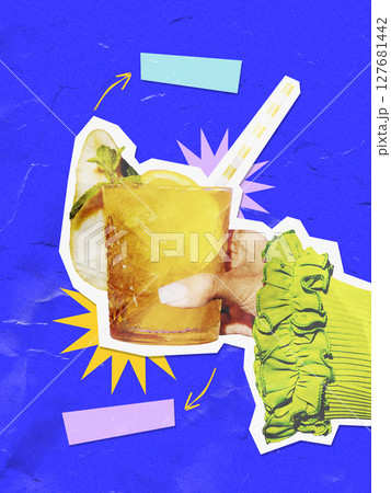 Colorful paper cut cocktail collage with tropical beverage for menu design and social media 127681442