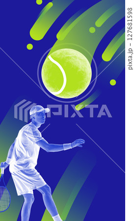 Tennis player in artistic neon scene with giant tennis ball and dynamic streaks on blue background Tennis player in artistic neon scene with giant tennis ball and dynamic streaks on blue background 127681598