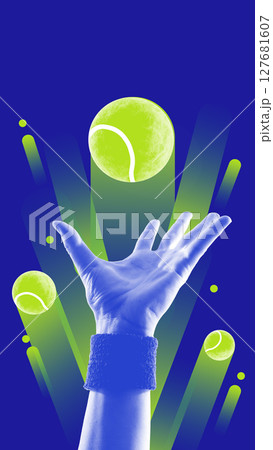 Glowing tennis balls and reaching hand against blue neon background Glowing tennis balls and reaching hand against blue neon background 127681607