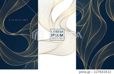 Vector set of abstract wave golden luxury pattern. Line elegant premium posters, wine label, curve menu graphic, silk banners. Water, ocean brochures, package templates. Vector set of abstract wave golden luxury pattern. Line elegant premium posters, wine label, curve menu graphic, silk banners. Water, ocean brochures, package templates. 127681612
