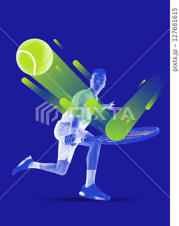 Impact of ideas. Dynamic abstract tennis player hitting green tennis ball on vibrant blue background Impact of ideas. Dynamic abstract tennis player hitting green tennis ball on vibrant blue background 127681615