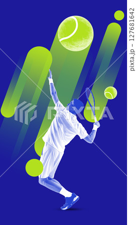 Tennis player in midst of serve, surrounded by artistic green and blue design features that highlight movement and concentration. 127681642