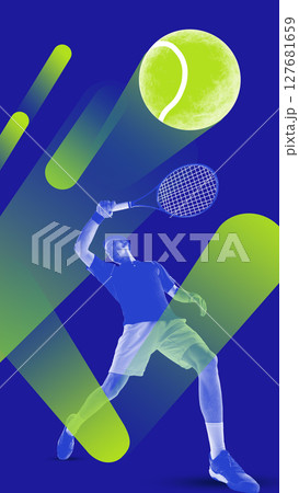 Let your money move smart. Tennis player silhouette striking ball with dynamic background design 127681659
