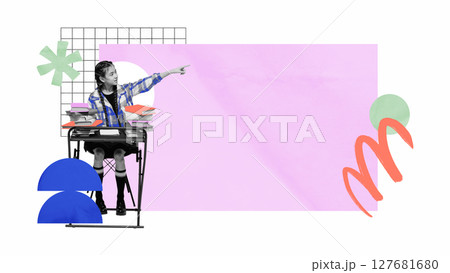 Schoolgirl at desk pointing forward with colorful educational and colorful elements around Schoolgirl at desk pointing forward with colorful educational and colorful elements around 127681680