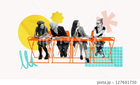 Group of students chatting and studying together at school desks Group of students chatting and studying together at school desks 127681730