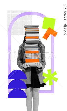Girl holding tall stack of books in school-themed collage background. Educational campaigns and ads 127681758