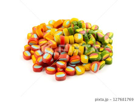Round gummy candy piles set isolated. Small chewing colorful jellybeans, marmalade cuts, pills Round gummy candy piles set isolated. Small chewing colorful jellybeans, marmalade cuts, pills 127681769