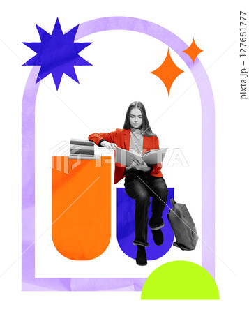 Young student reading book in modern collage style. Educational advertising Young student reading book in modern collage style. Educational advertising 127681777