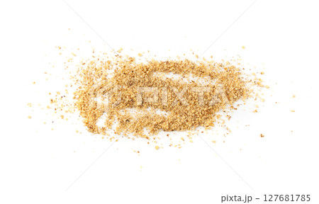 Grated wallnut , broken roasted walnuts, heap of nuts crumbs, whole kernel pieces, fractions 127681785