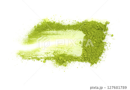 Matcha powder isolated, green tea dust pile, spirulina flour, powdered chlorella, dry extract 127681789