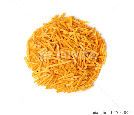 Fried chips sticks isolated, finger potato chips, golden shoestring fries pile, French fries 127681805