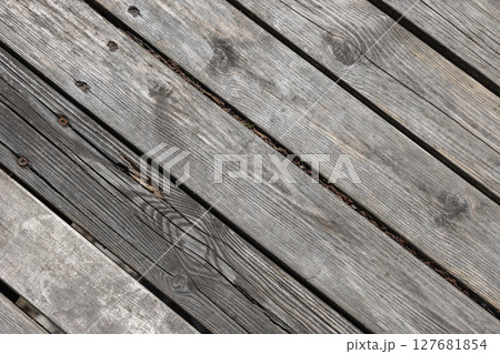 Rustic wooden flooring showing worn texture, natural grain patterns Rustic wooden flooring showing worn texture, natural grain patterns 127681854