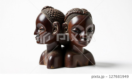 This Yoruba ibeji twin figure depicts two intertwined heads of twin siblings, symbolizing the cultural reverence for twins in Yoruba belief. 127681949