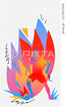 Young male football player with ball and flame-like pop art explosion behind. Athletic visuals Young male football player with ball and flame-like pop art explosion behind. Athletic visuals 127681958
