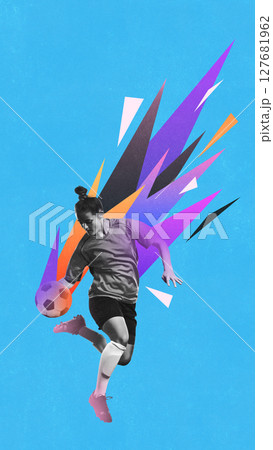 Geometric sport poster. Female footballer with geometric graphic explosion Geometric sport poster. Female footballer with geometric graphic explosion 127681962