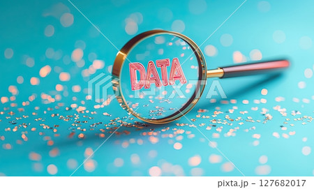 Concept of data search and analysis with magnifier and scattered dots on blue surface 127682017