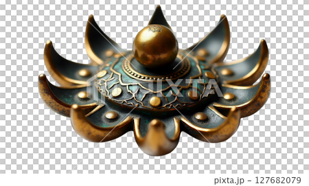 This Tibetan ritual dorje is intricately designed with brass and silver inlay. The stylized lotus prongs symbolize purity and enlightenment, essential for ceremonial use in Tibetan Buddhism. 127682079